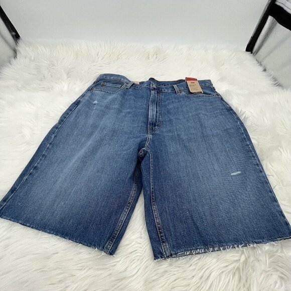 Levis 469 Loose Fit Big & Tall Denim Jean Shorts Raw Hem Blue Men's Size 40 NEW - Picture 1 of 15